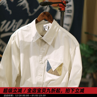 情书 衬衫 秋季 工装 男拼色口袋休闲宽松翻领衬衣 日系复古长袖