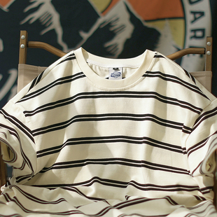 T恤男280g重磅休闲宽松条纹半袖 日系复古短袖 夏季 圆领tee 青白