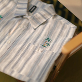 男刺绣休闲条纹工装 衬衫 麒麟先生春夏日系度假短袖 衬衣潮 好椰