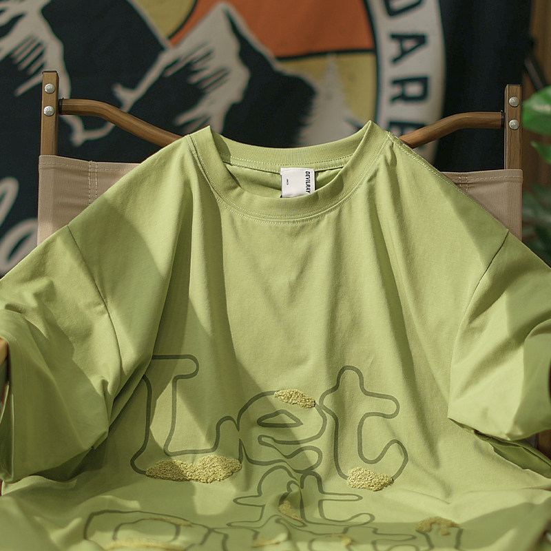 【苔花如米】夏季日系毛巾绣印花短袖T恤男情侣装半袖圆领潮牌tee