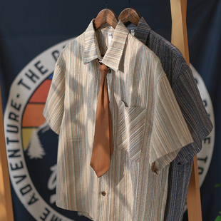 常春藤 男休闲宽松领带短袖 麒麟先生夏季 衬衫 衬衣潮 条纹五分袖