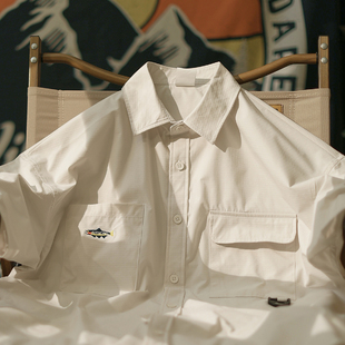 户外山系刺绣短袖 衬衫 男休闲宽松情侣装 工装 夏季 半袖 衬衣 渔味