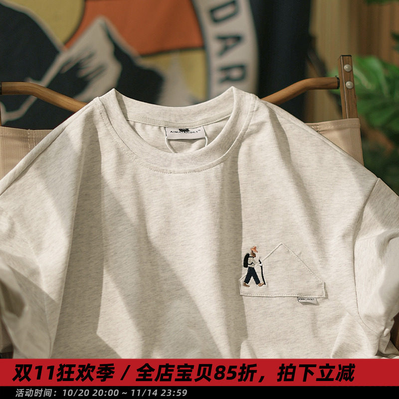 【上“杉”】夏季新款日系刺绣短袖T恤男休闲宽松纯棉半袖圆领tee