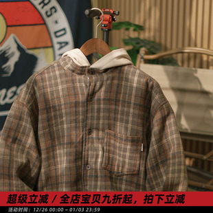 日系假两件连帽格子棉衣男宽松情侣装 麒麟先生冬季 棉服 梯田