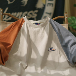 当间 短袖 夏季 印花T恤男休闲宽松情侣装 圆领tee 潮牌撞色插肩袖