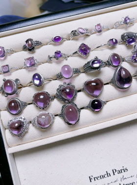 【紫水晶蛋面】天然紫水晶s925纯银戒指巴西复古爱心可调节指环