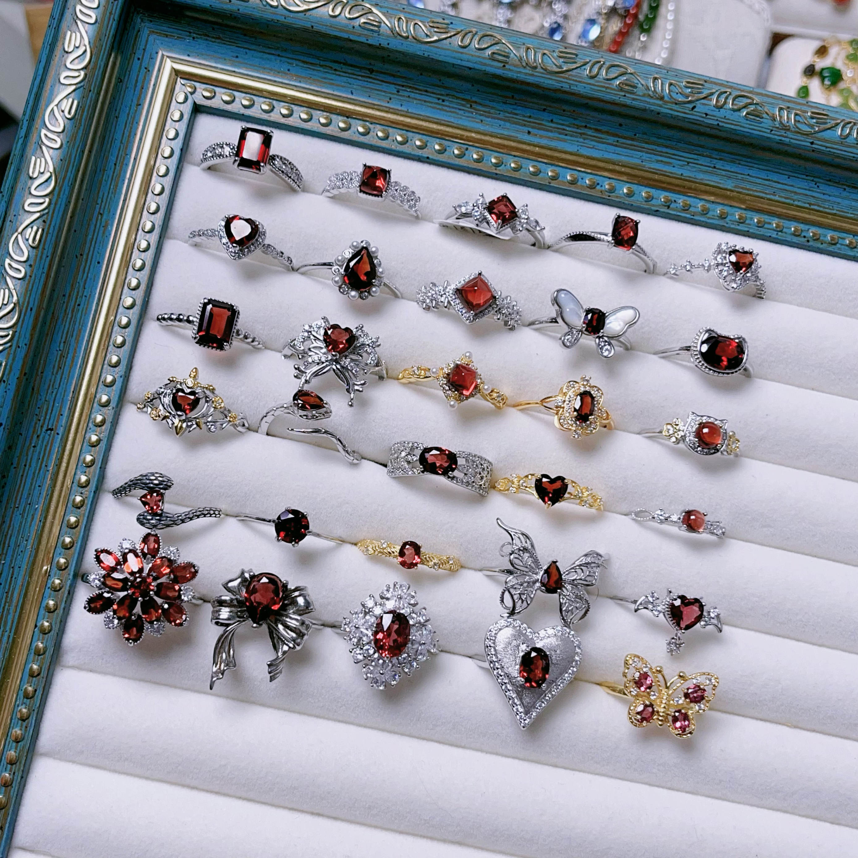 11.9【石榴石合集】通体s925纯银戒指日系蕾丝爱心女可调节指环