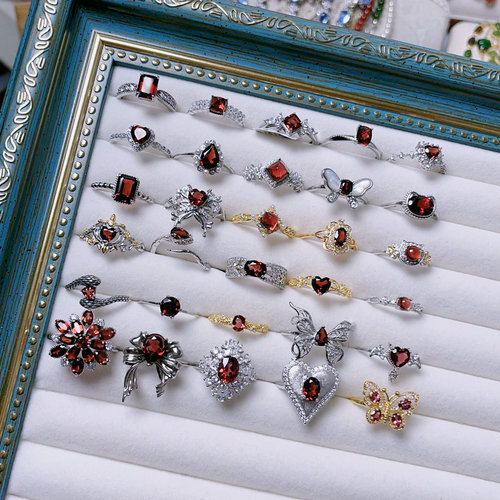 11.9【石榴石合集】通体s925纯银戒指日系蕾丝爱心女可调节指环