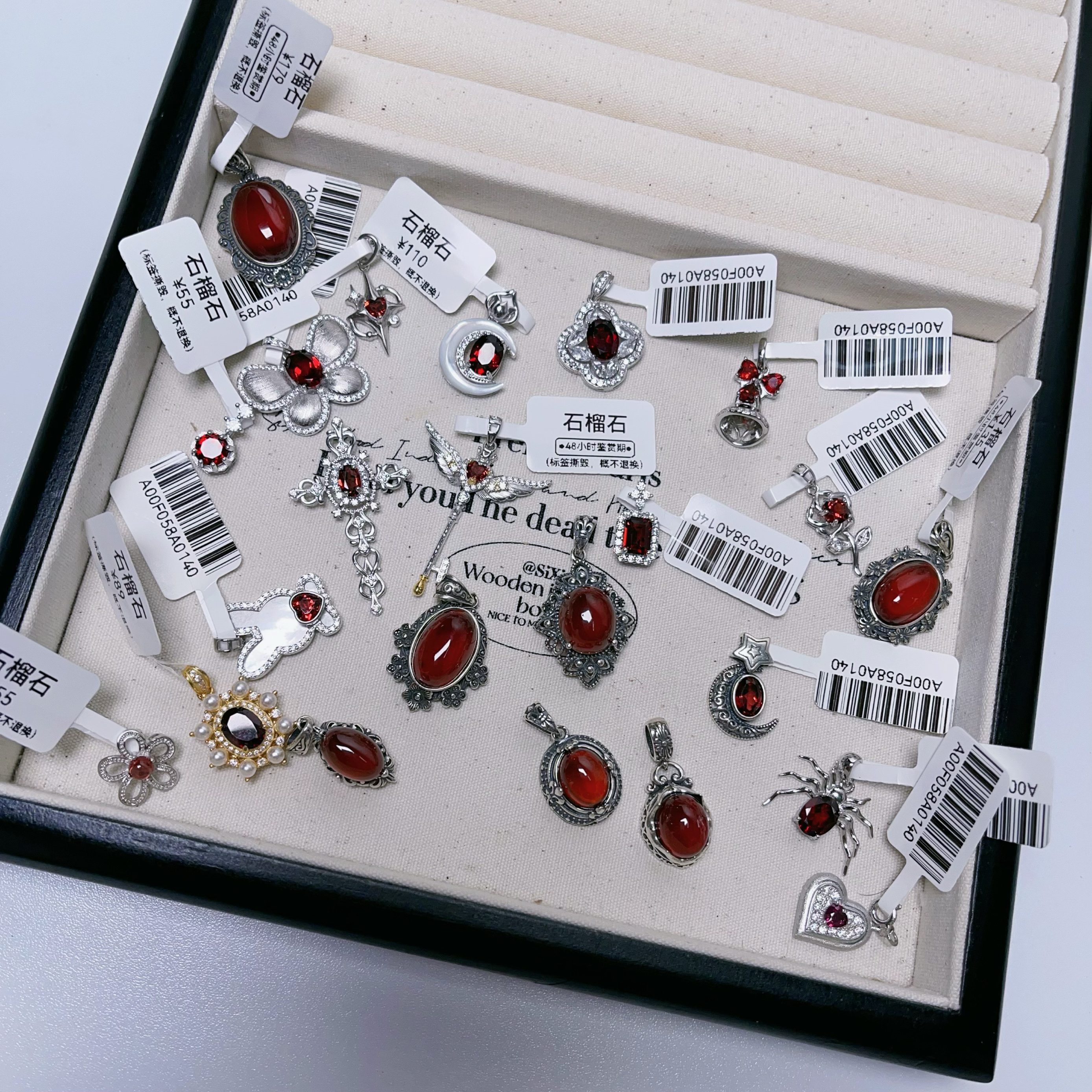 11.9【石榴石吊坠】s925纯银酒红石榴石吊坠项链复古月亮花饰品女