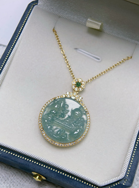 天然a货翡翠蓝水山水牌S925银镶冰种玉石吊坠玉坠女款项链挂件