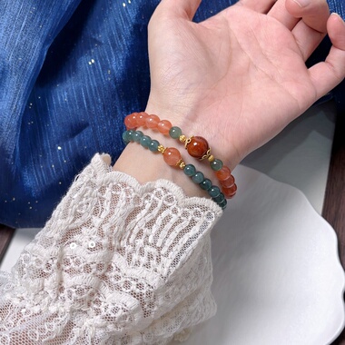 天然蓝水翡翠A货手串冰飘南红新中式国风手链纯银玉石女礼物