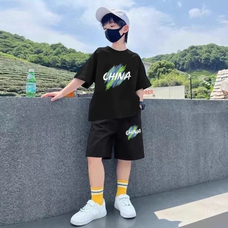 纯棉中大童运动百搭休闲两件套男