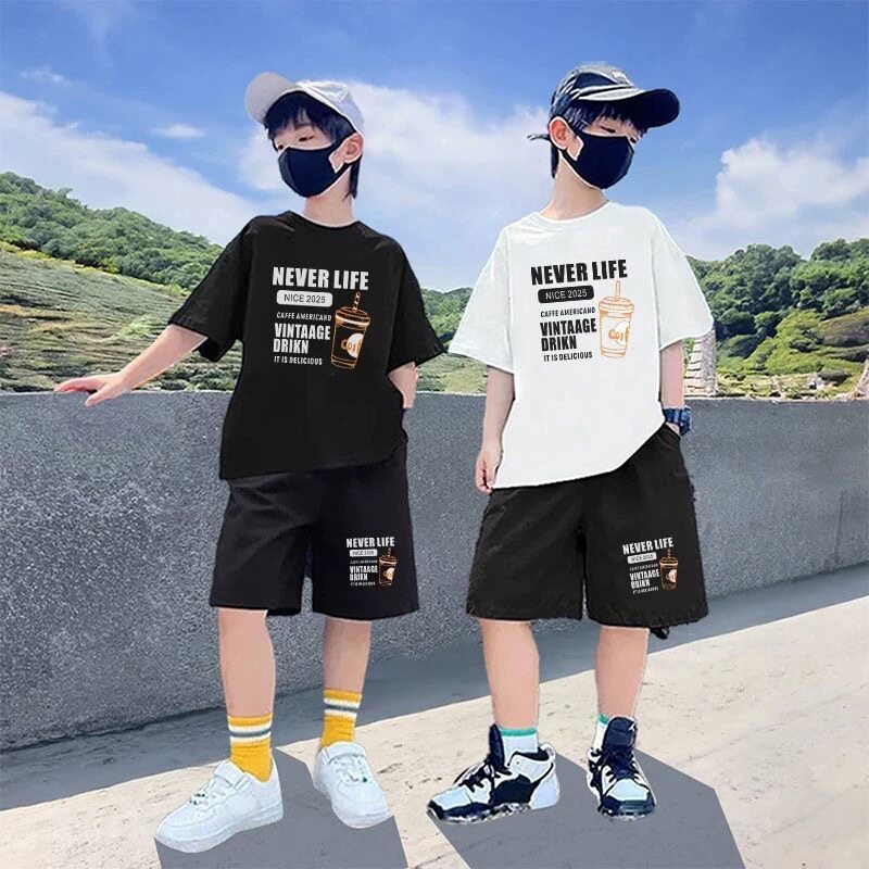 夏季2026中大童字母印花T恤套装男女宽松短袖短裤两件套运动休闲