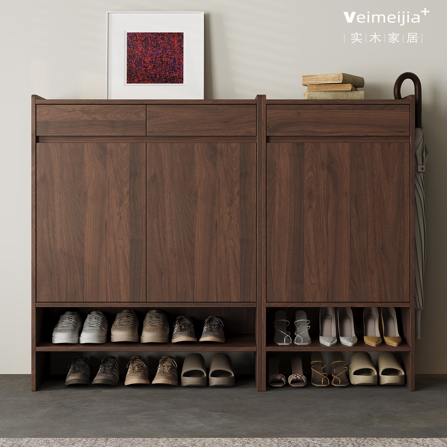 定制实木鞋柜玄关柜储物柜胡桃木色对开门大容量收纳柜家用