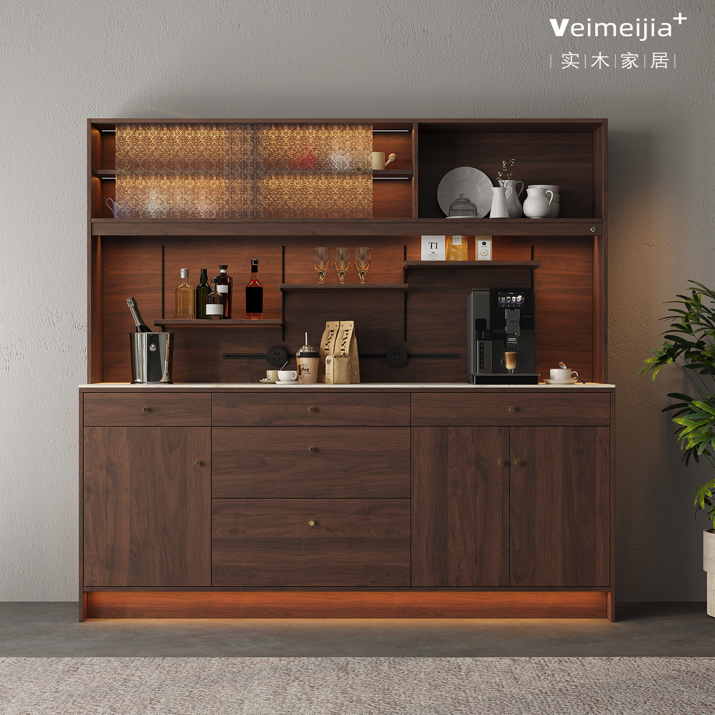 定制中古风实木餐边柜现代简约餐厅储物柜LED灯带多层收纳柜家用,住宅家具,餐边柜,淘宝优惠券,粉丝福利购,淘宝优惠卷