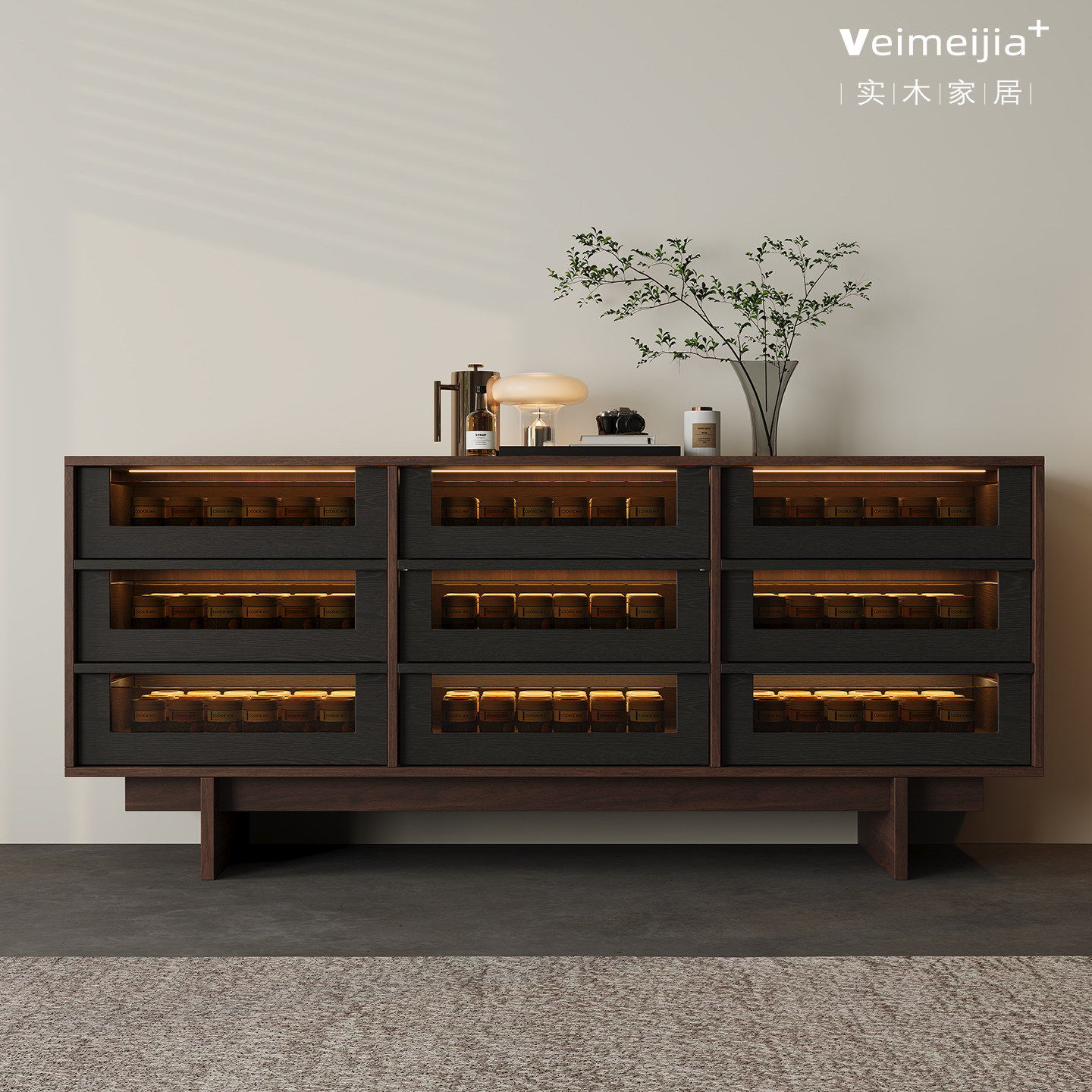 定制复古风实木餐边柜多层抽屉储物柜带灯带玻璃展示柜客厅收纳柜,住宅家具,餐边柜,淘宝优惠券,粉丝福利购,淘宝优惠卷