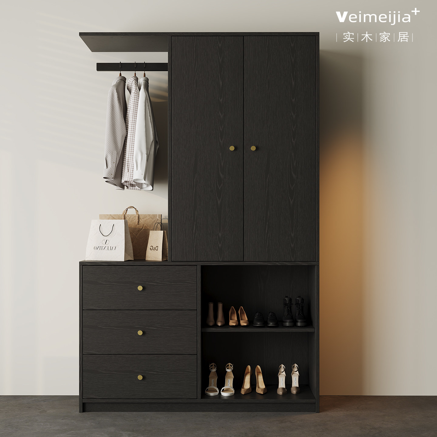 复古风实木鞋柜玄关柜落地式简易组装收纳储物柜家用黑色对开门