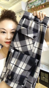 高腰休闲女裤 弹力格子裤 马丁裤 加厚不加绒纽扣萝卜裤 2023年春季