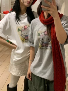 休闲打底短袖 宽松显瘦白色短袖 大码 韩系ins小猫涂鸦印花T恤女