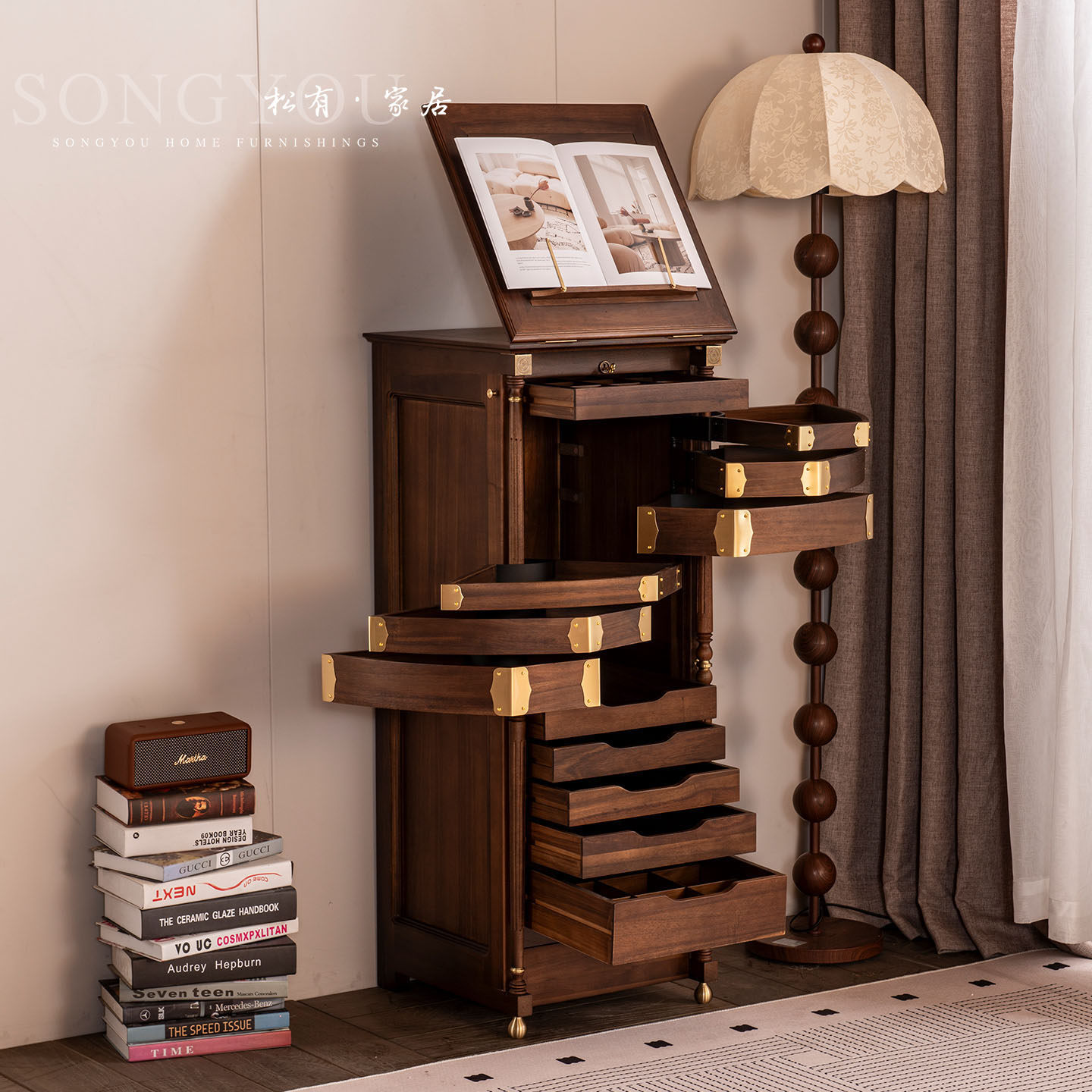 北美黑胡桃木牙科柜美式复古实木多抽屉储物茶具文玩收纳柜餐边柜