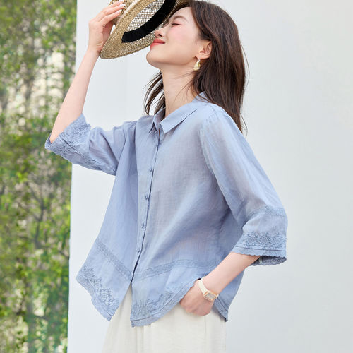 洋气复古刺绣苎麻衬衫女2026新款夏季宽松七分袖上衣独特漂亮小衫