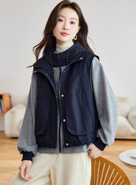 秋冬休闲连帽马甲灰色卫衣两件套女2025新款加厚保暖工装外套上衣