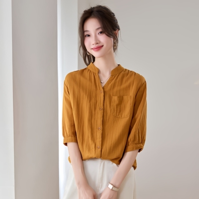 2025夏季新款衬衫上衣女宽松显瘦减龄中袖小衫纯棉v领休闲薄衬衣