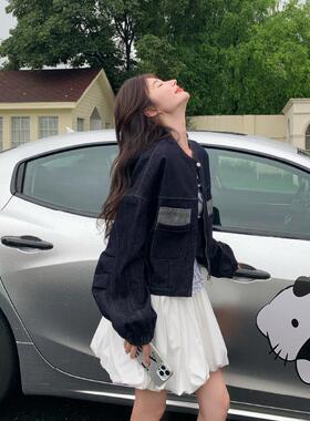 洋气设计感深蓝色牛仔外套女2025春秋小个子短款撞色拼接夹克上衣