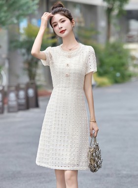 白色小香风连衣裙女夏季2025新款小个子气质名媛轻奢高级感蕾丝裙