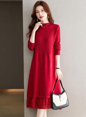 红色羊毛针织连衣裙2025新款蕾丝边拼接洋气配大衣打底毛衣裙过膝