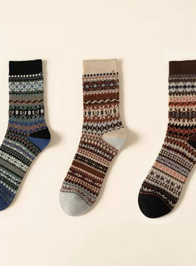 男士青少年秋冬季保暖精梳棉双针休闲英式复古民族风中筒袜