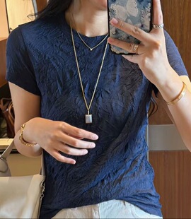 新款 春季 2601褶皱圆领短袖 T恤衫 纯色上衣打底衫 女装 富婆洋气T