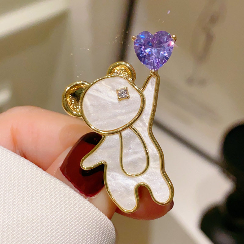 真金电镀紫色水晶爱心母贝小熊胸针女西装外套大衣胸花衣服别针