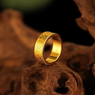 宽版吉言沙金戒指招财素圈仿真黄金指环情侣款结婚订婚三金假五金