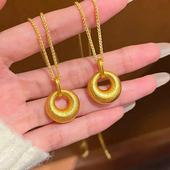 传承沙金女项链拉丝小金坨吊坠新中式 百搭金坨坨平安扣项链女