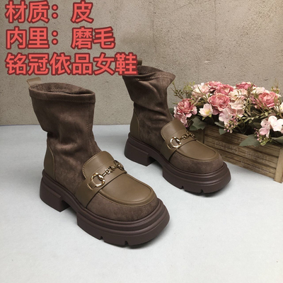 春秋新款8813瘦瘦跟靴粗跟时尚金属扣一脚蹬烟筒靴厚底洋气百搭