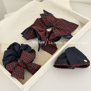 复古牛仔格纹布艺大肠发圈丸子头拼色发绳气质马尾头绳绑头花抓夹