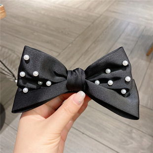 立体大蝴蝶结发夹在逃公主头饰花卡高级感头顶女黑色珍珠顶夹发卡