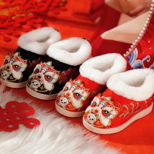 儿童汉服鞋古装冬季加绒宝宝周岁男童虎头黑鞋醒狮女孩红色拜年鞋