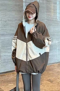 欧洲站2023秋冬撞色拼接冲锋衣外套女韩版宽松运动工装夹克上衣潮