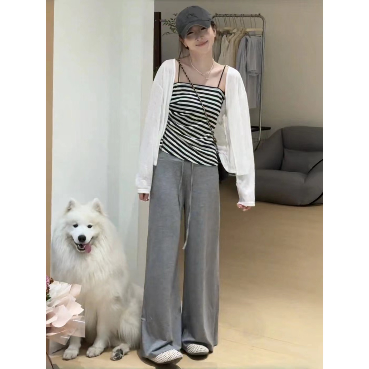 夏季减龄穿搭一整套女韩系撞色不规则吊带防晒开衫阔腿裤两件套潮