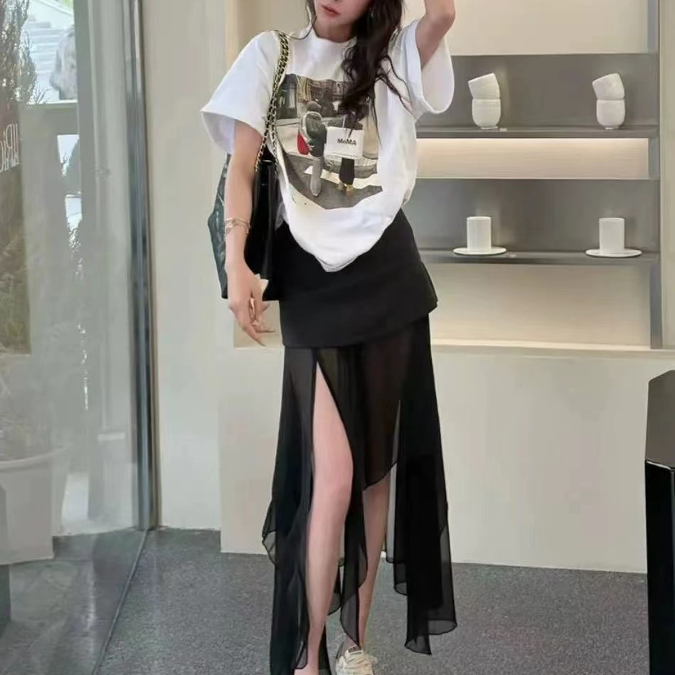 洋气高级感时尚套装女夏百搭纯棉短袖T恤拼接不规则纱裙裤两件套