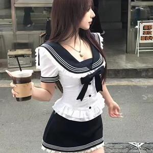 春季搭配一整套女学院风海军领蝴蝶结收腰百搭衬衫高腰短裙两件套
