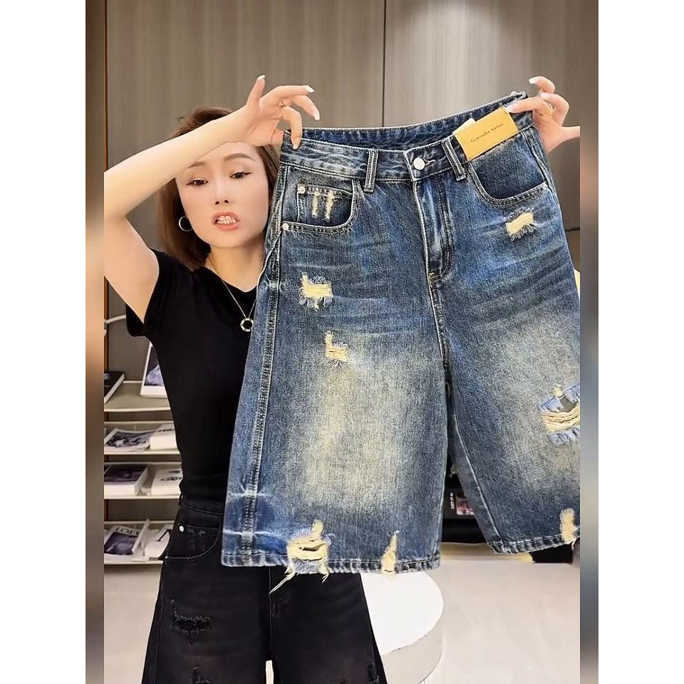 2026夏季美式个性破洞时尚新款牛仔短裤女宽松遮肉洋气五分阔腿裤