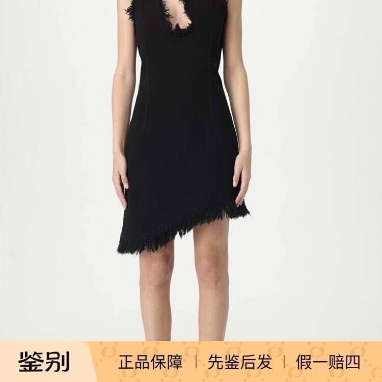 黑色粗花呢无袖连衣裙 毛边流苏 Ferragamo菲拉格慕 2025春夏新款