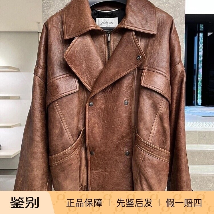 男士皮衣 棕色真皮飞行员夹克外套 羊皮 YSL圣罗兰2025秋冬季
