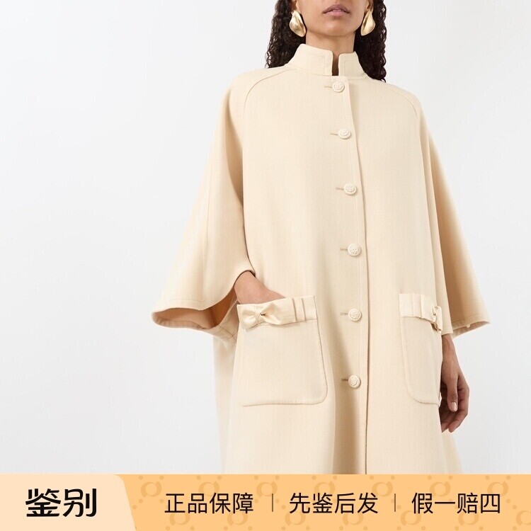 立领毛呢外套米白色羊毛羊绒蝙蝠袖斗篷大衣Valentino华伦天奴25