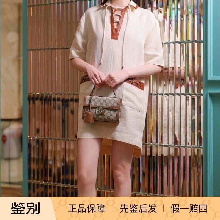 白色衬衫领直筒连衣裙 短袖亚麻皮包边 GUCCI 2025新款女装