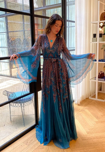 喇叭袖V领真丝长款连衣裙 印花桑蚕丝 Etro艾绰2025秋季新款