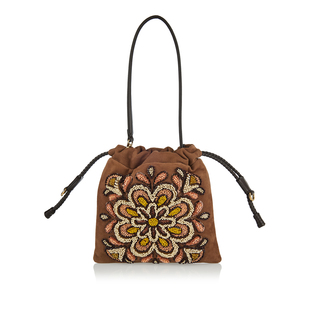 棕色麂皮绒面反牛皮手袋串珠绣花抽绳手提包Etro艾绰2025秋冬新款